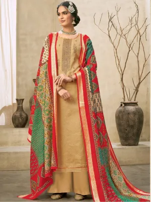 Beige Cotton Embroidered Un-Stitched Palazzo Suit Set