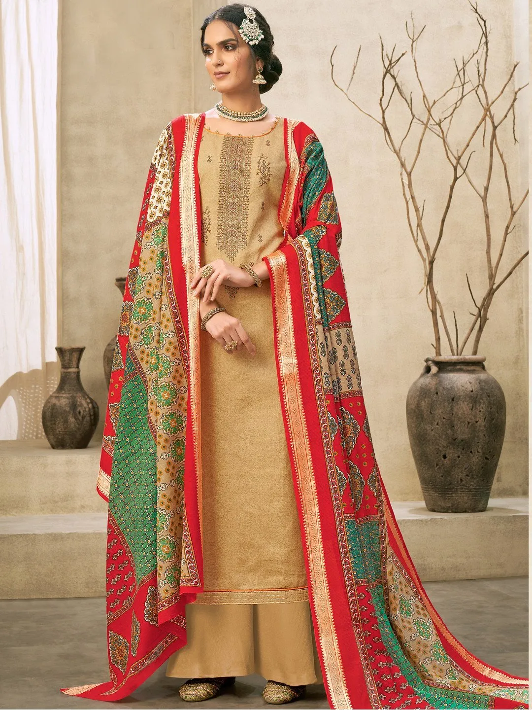 Beige Cotton Embroidered Un-Stitched Palazzo Suit Set