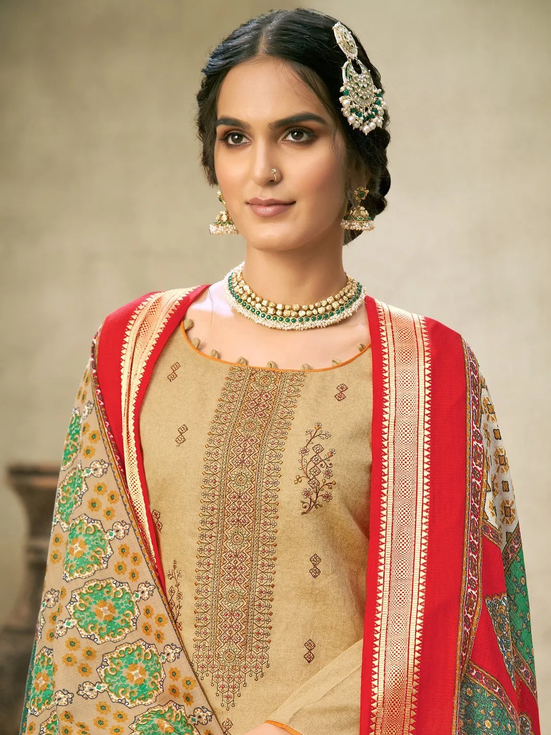 Beige Cotton Embroidered Un-Stitched Palazzo Suit Set
