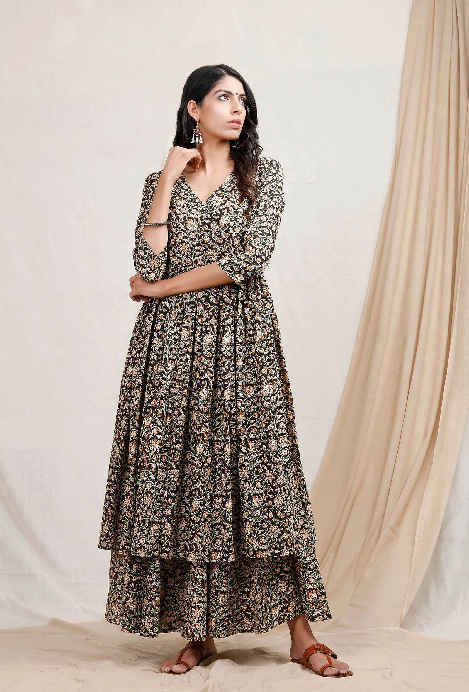 Black And Beige Kalamkari Cotton Kurta (without Palazzo)