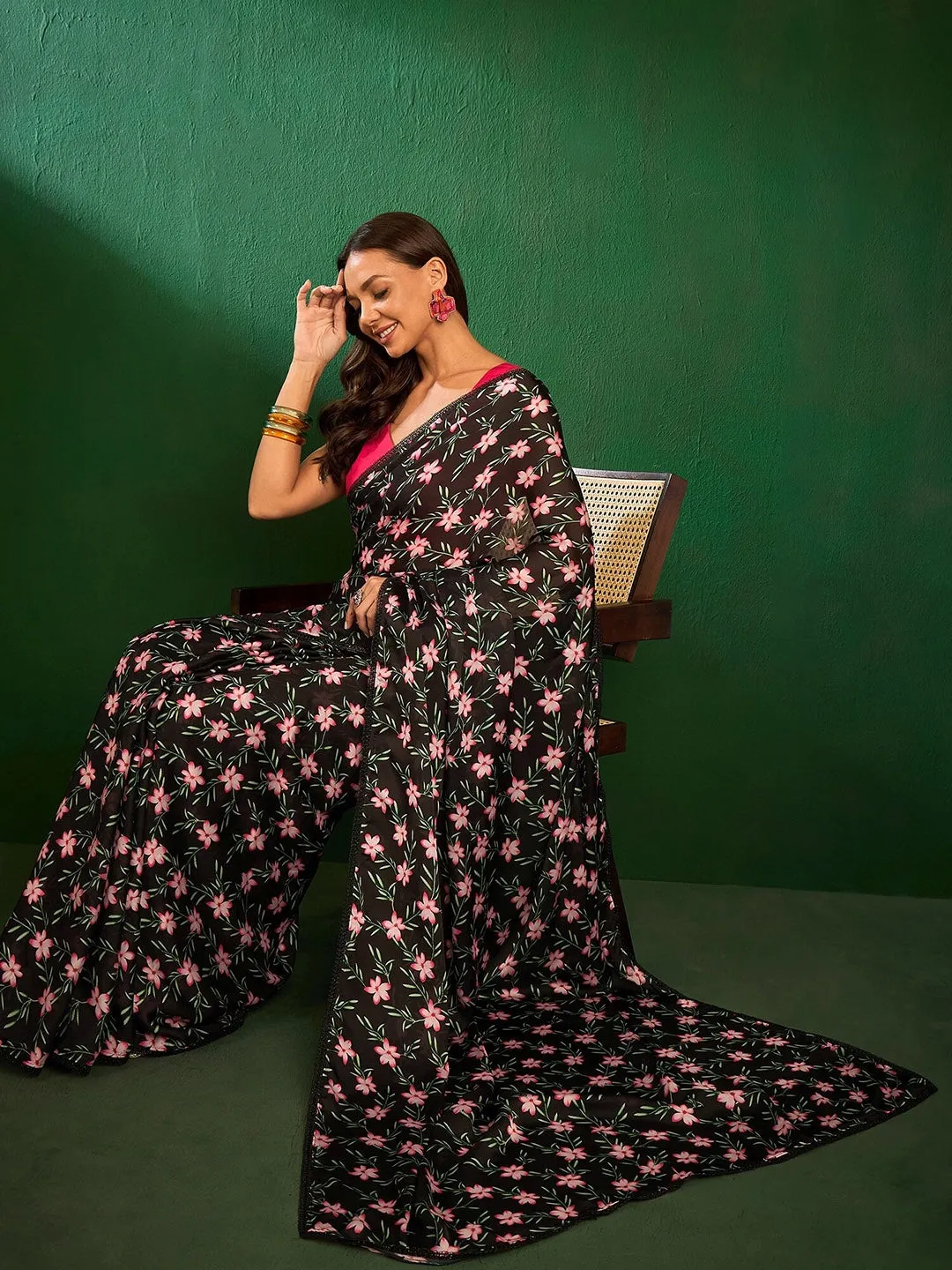 Black Floral Printed Saree
