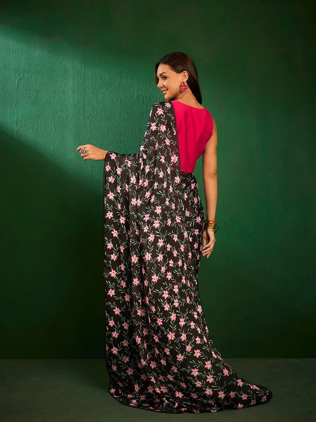 Black Floral Printed Saree