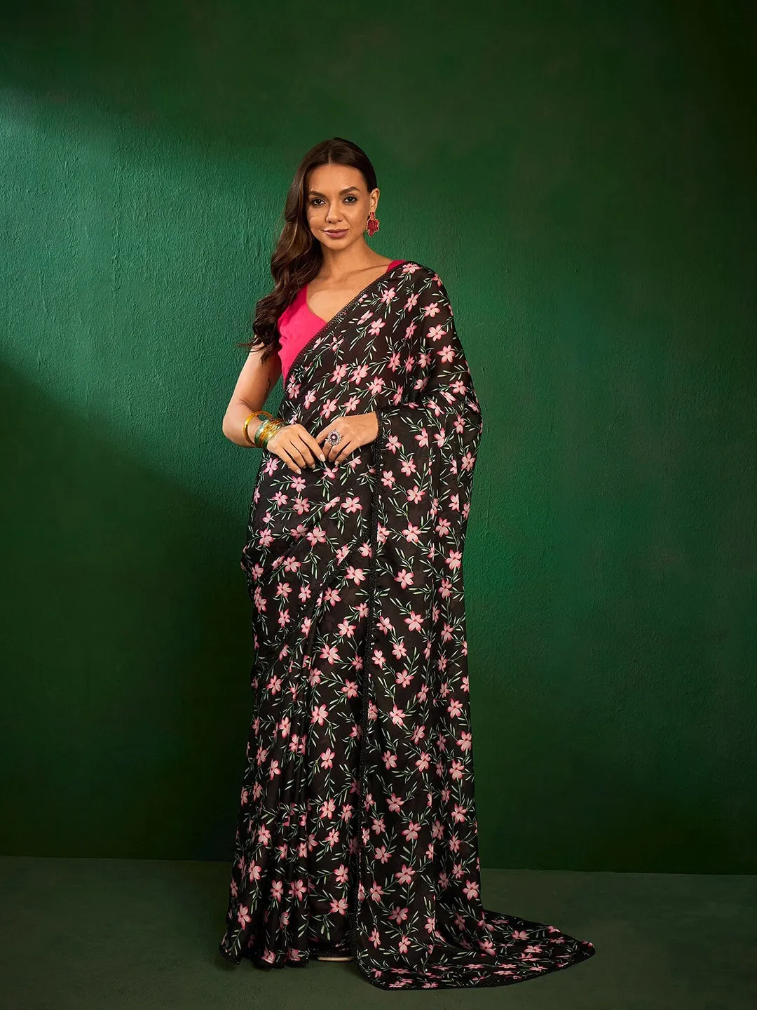 Black Floral Printed Saree
