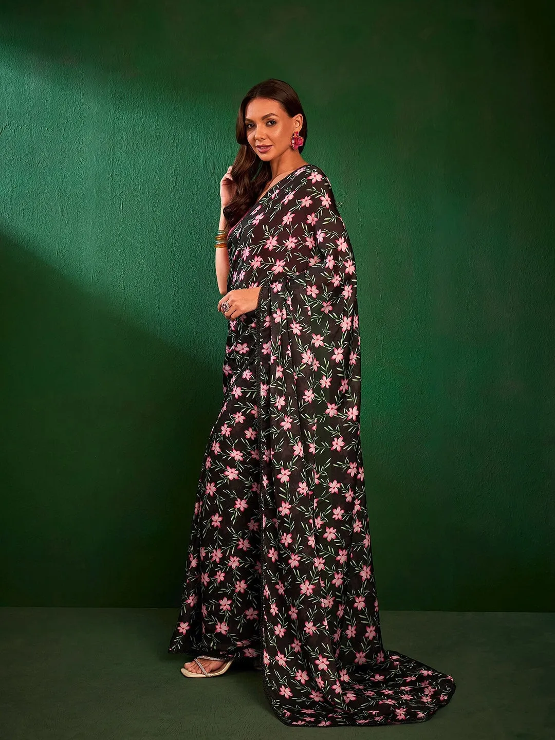 Black Floral Printed Saree