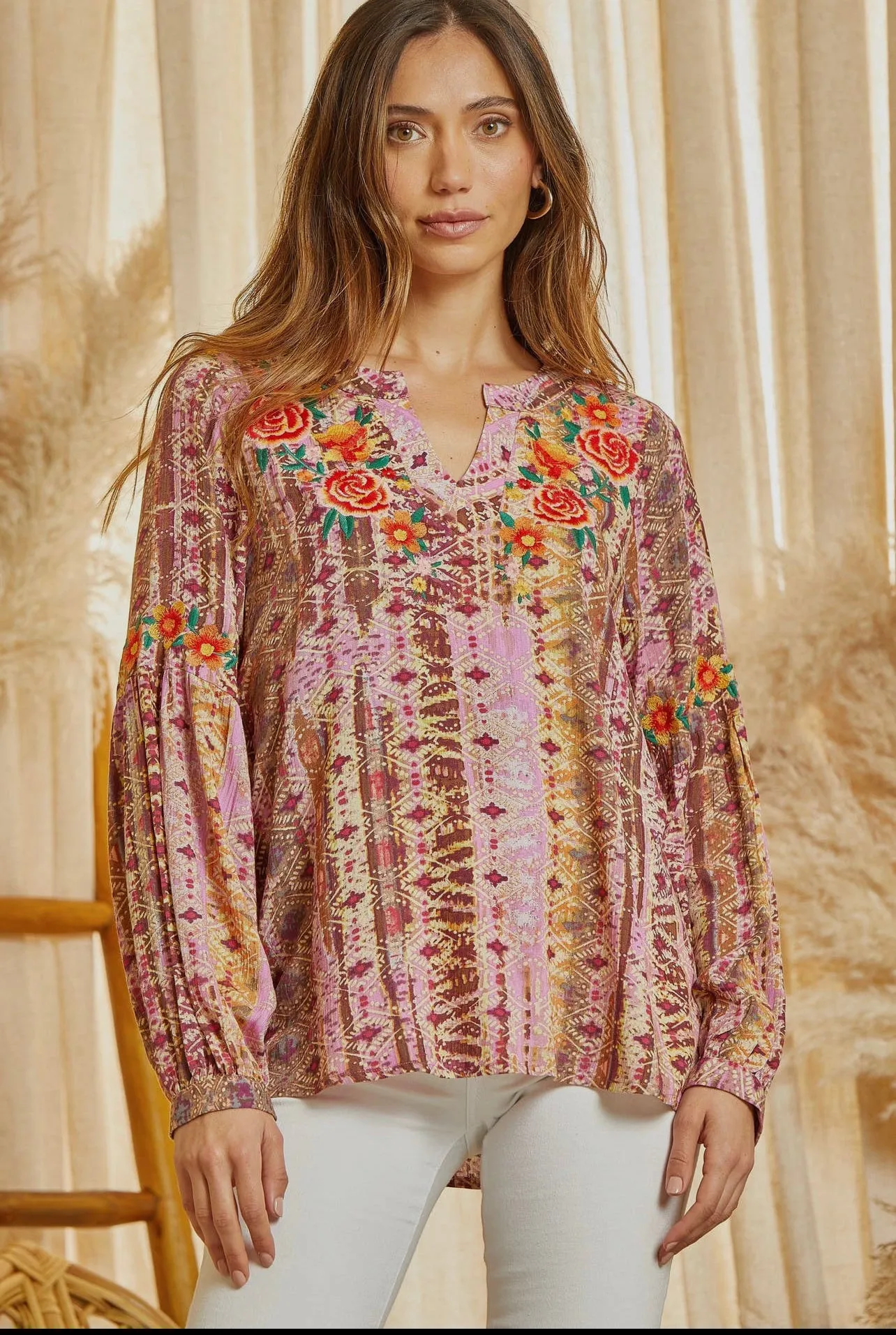 Blouse - Embroidered Print, Balloon Sleeves, Split Neckline, Also Plus Size