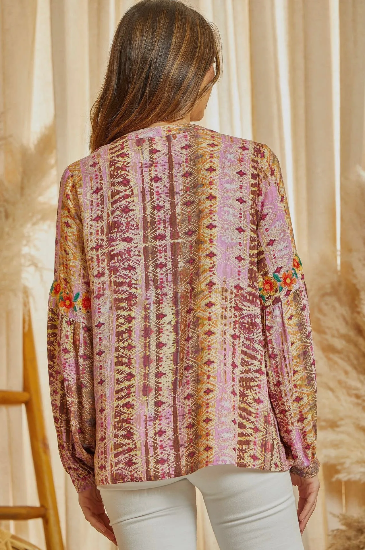 Blouse - Embroidered Print, Balloon Sleeves, Split Neckline, Also Plus Size