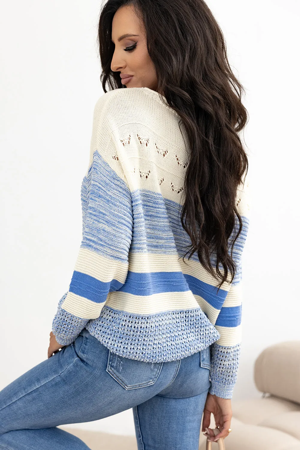 Blue Striped Women's Fashion Knit Top Contrast Round Neck Long Sleeve Sweater