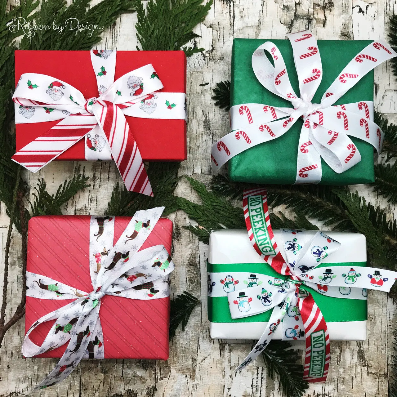 Dachshund ribbon, Dachshunds dressed in Holiday sweaters printed on 5/8" white single face satin