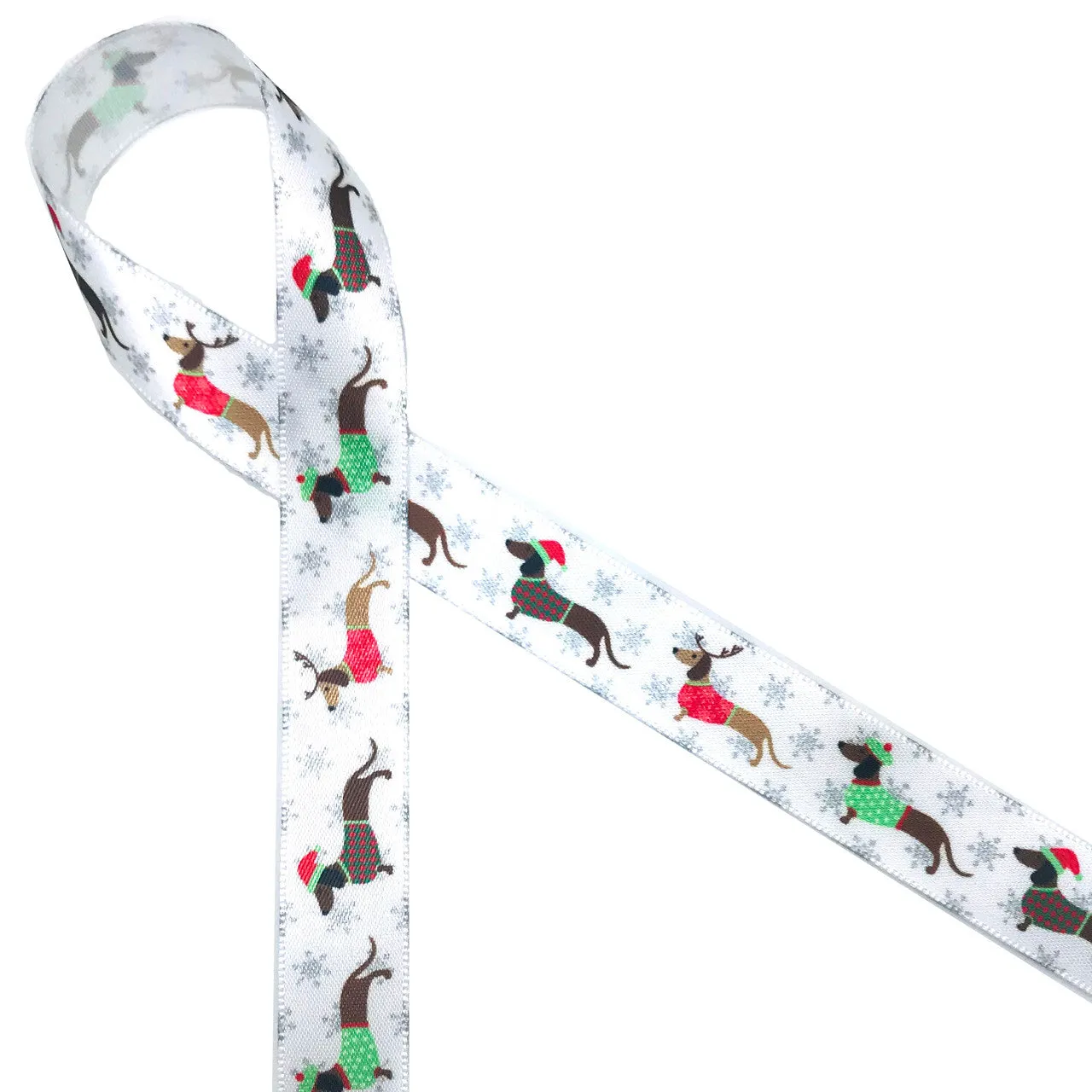 Dachshund ribbon, Dachshunds dressed in Holiday sweaters printed on 5/8" white single face satin
