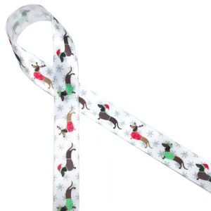 Dachshund ribbon, Dachshunds dressed in Holiday sweaters printed on 5/8" white single face satin