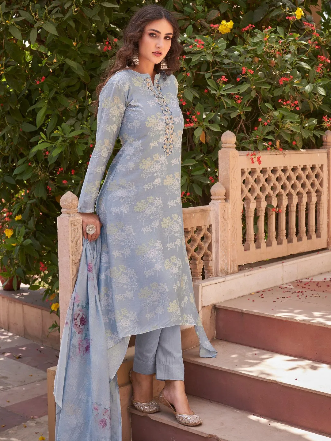 Embroidered Blue Cotton Un-Stitched Suit for Ladies