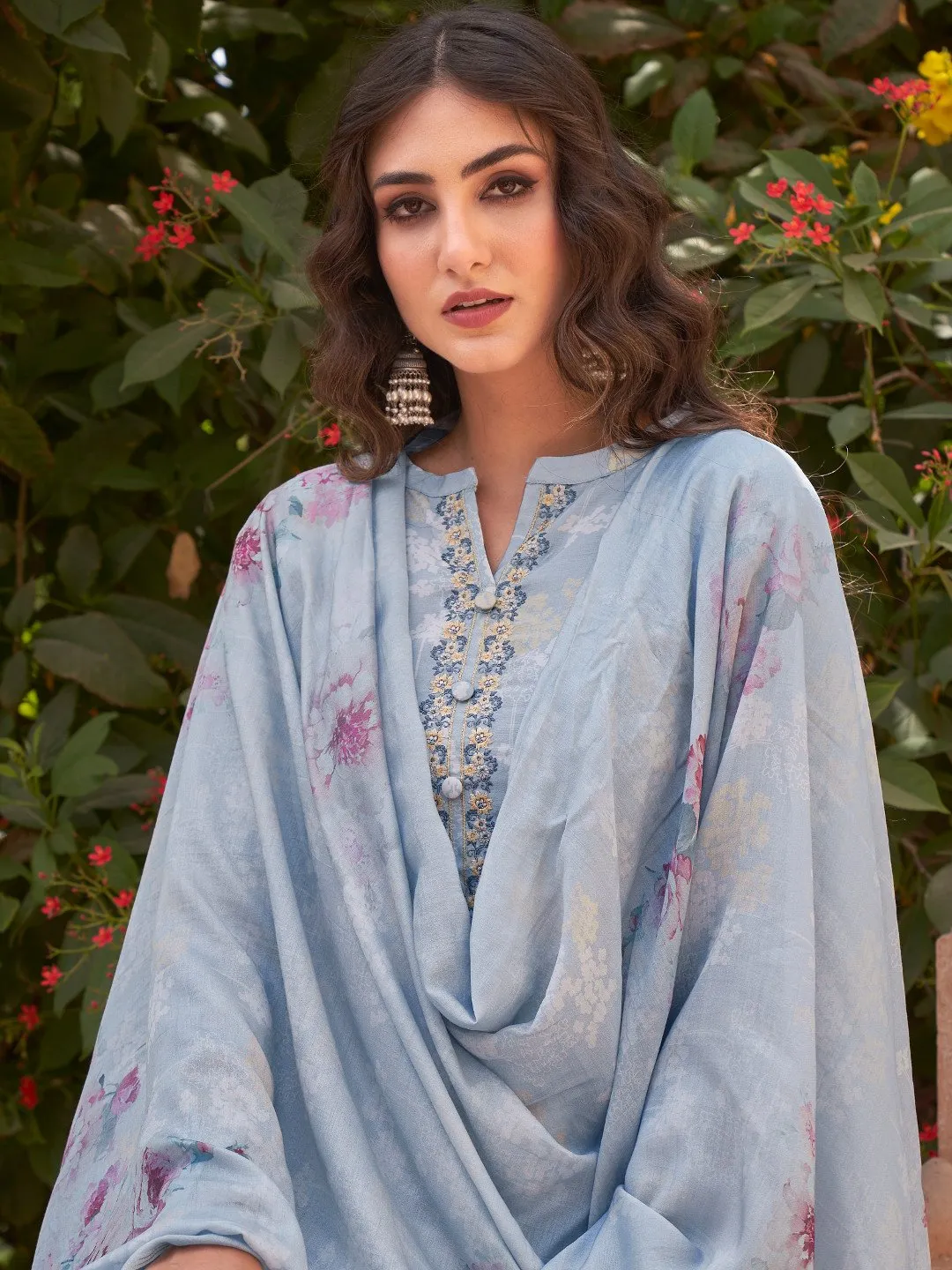Embroidered Blue Cotton Un-Stitched Suit for Ladies