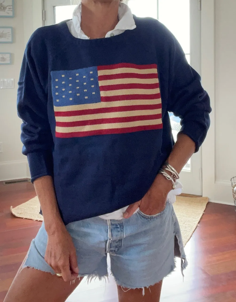 Flag Cozy Acrylic Boxy Sweater NAVY