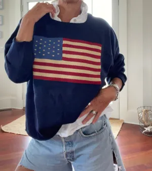 Flag Cozy Acrylic Boxy Sweater NAVY