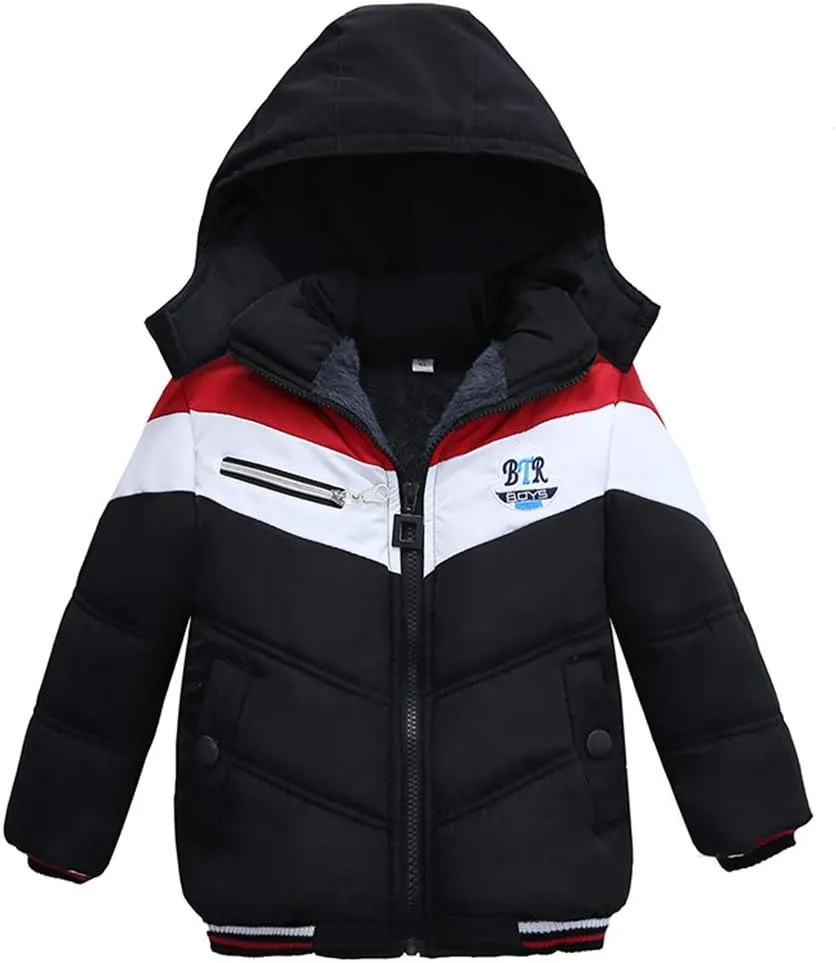 Kids Boys Thick Cotton Padded Parka Jacket Toddler Winter Stripe Jacket Zipper Hooded Windproof Coat 12M-4T