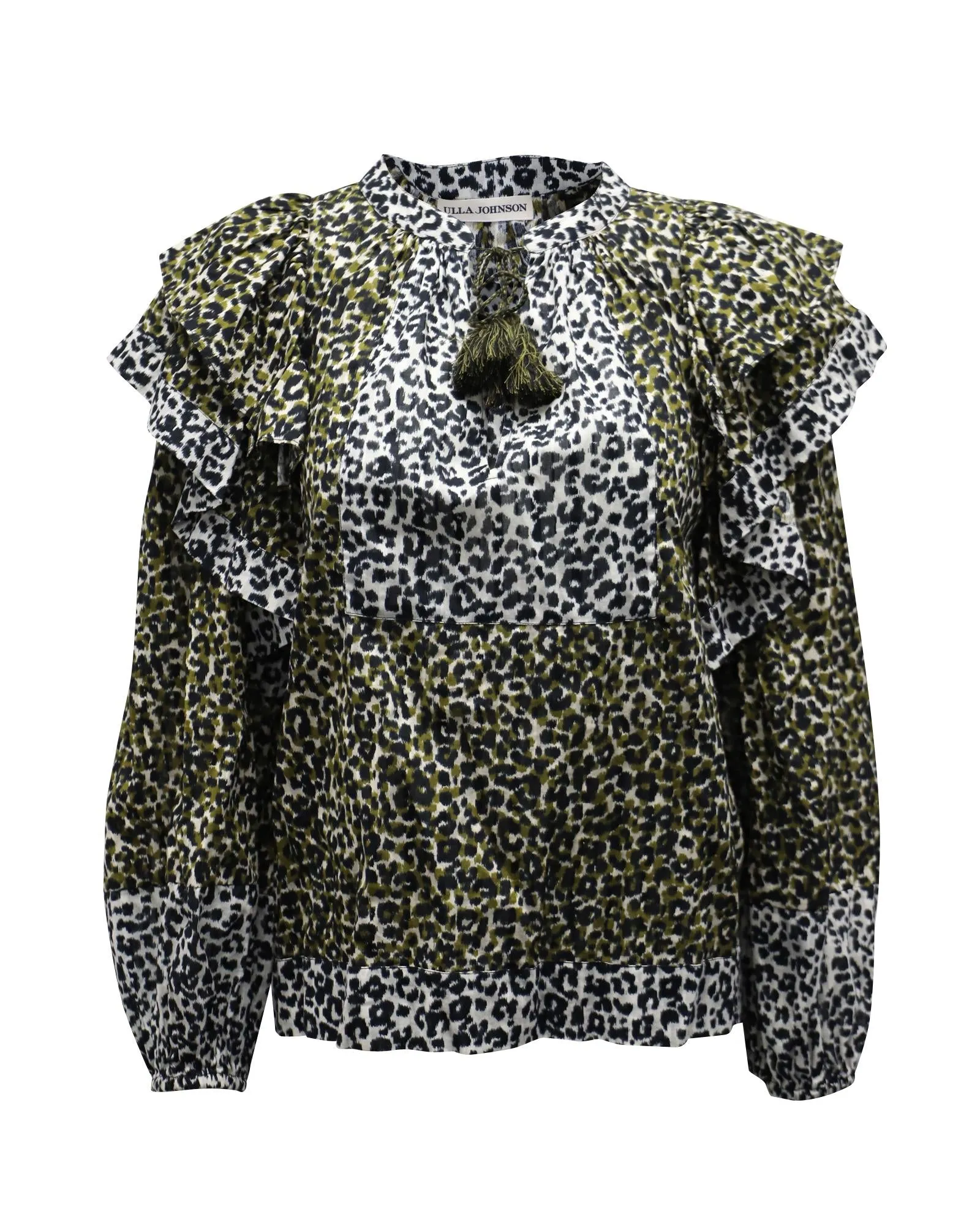 Leopard Print Ruffled Blouse with Romantic Puff Sleeves in Brown Cotton