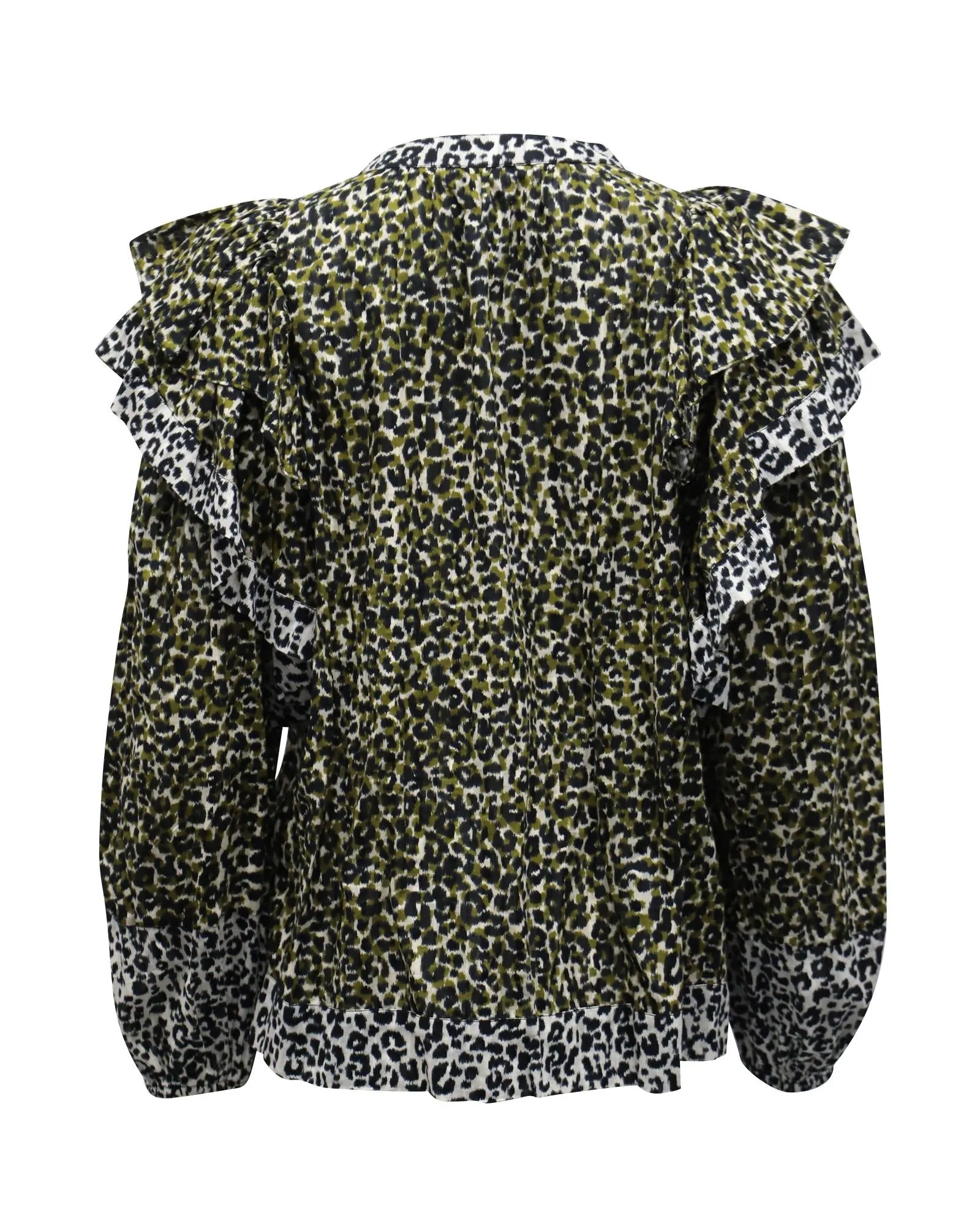 Leopard Print Ruffled Blouse with Romantic Puff Sleeves in Brown Cotton