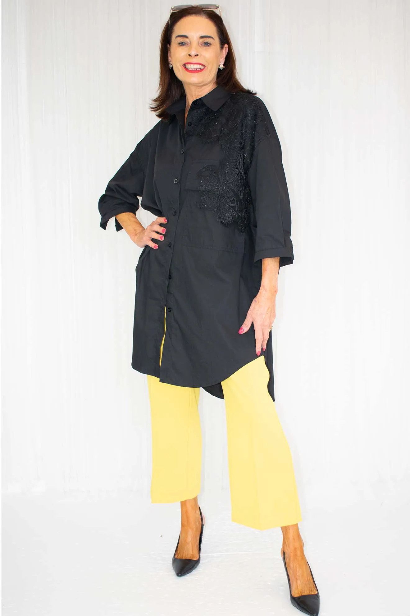 Lorna Lace Detail 3/4 Sleeve Shirt in Classic Black