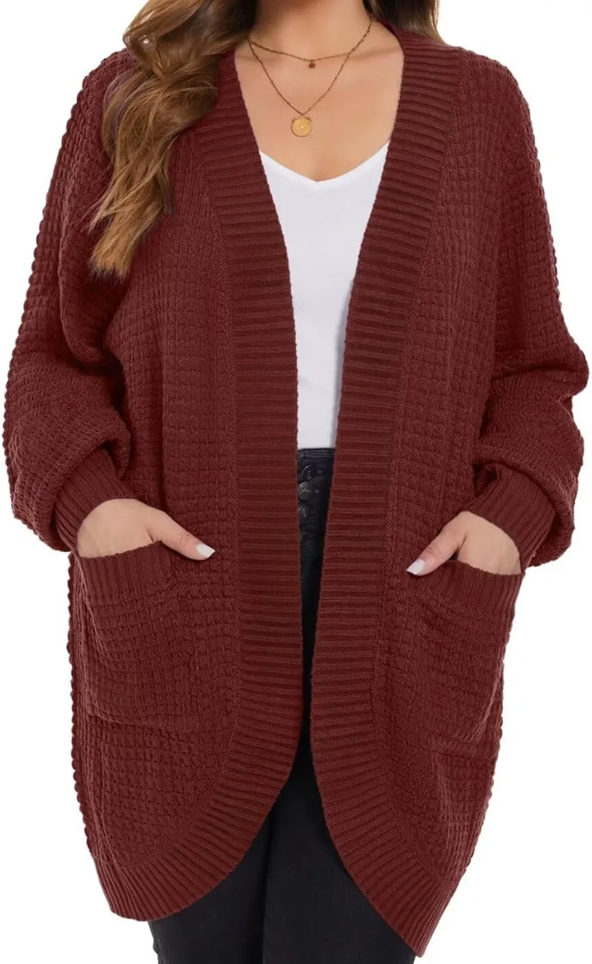 MONNURO Womens Plus Size Open Front Cardigan Waffle Knit Long Sleeve Sweaters Tops 2025 Fall Coat Outerwear with Pockets