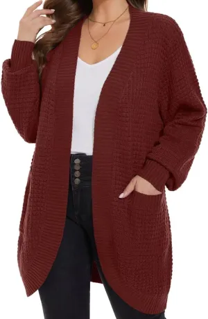MONNURO Womens Plus Size Open Front Cardigan Waffle Knit Long Sleeve Sweaters Tops 2025 Fall Coat Outerwear with Pockets