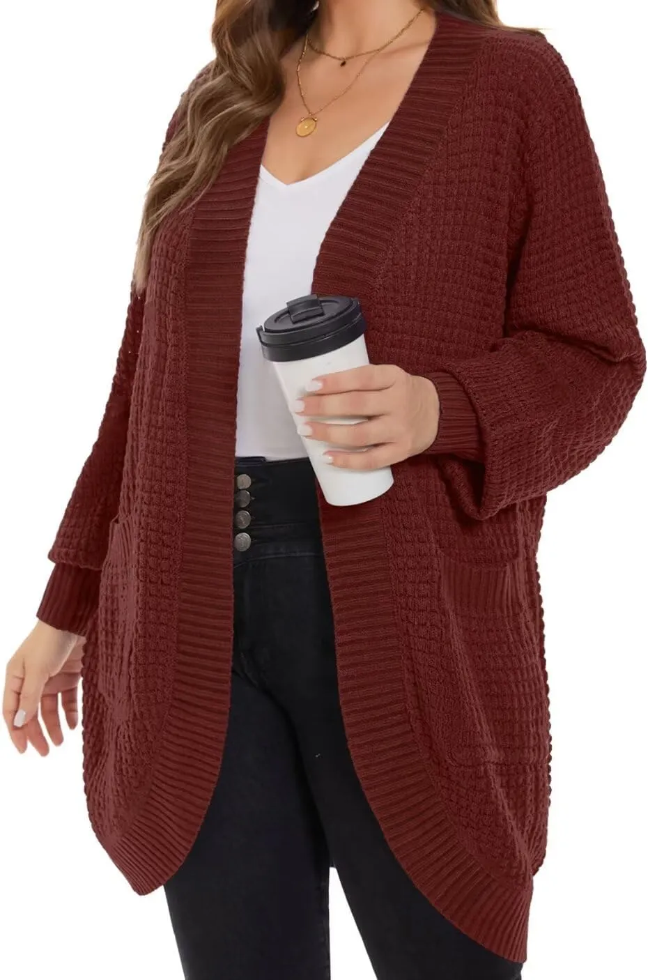MONNURO Womens Plus Size Open Front Cardigan Waffle Knit Long Sleeve Sweaters Tops 2025 Fall Coat Outerwear with Pockets