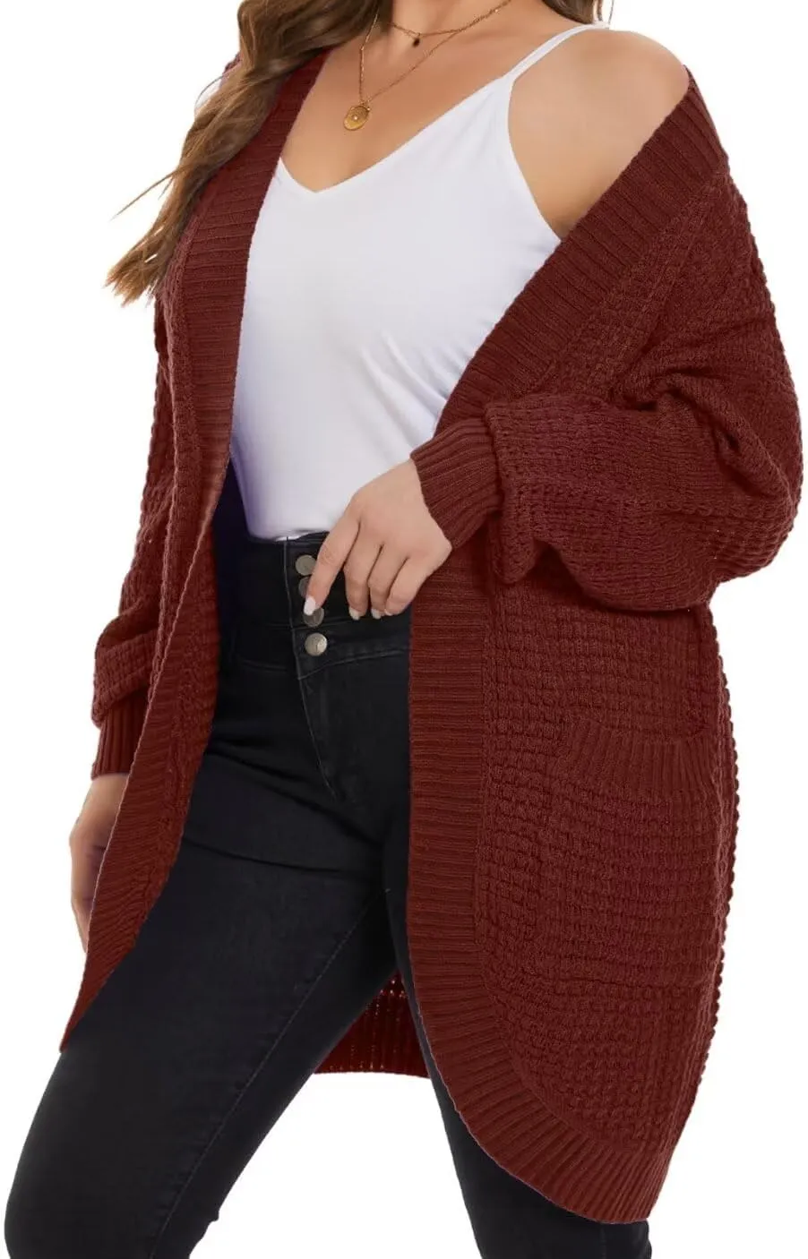 MONNURO Womens Plus Size Open Front Cardigan Waffle Knit Long Sleeve Sweaters Tops 2025 Fall Coat Outerwear with Pockets