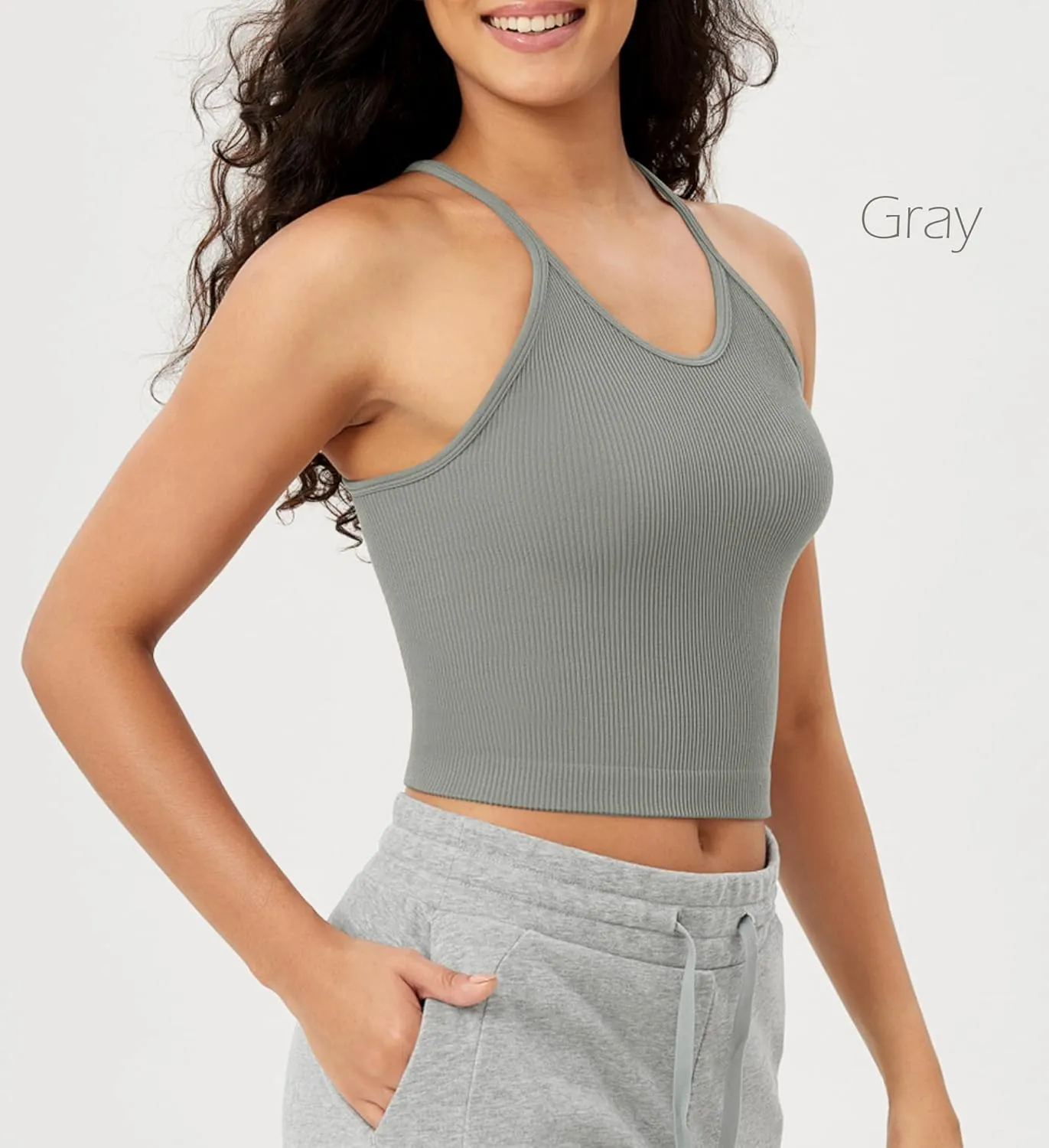 ODODOS Women's Crop 3-Pack Seamless Rib-Knit Camisole Crop Tank Tops
