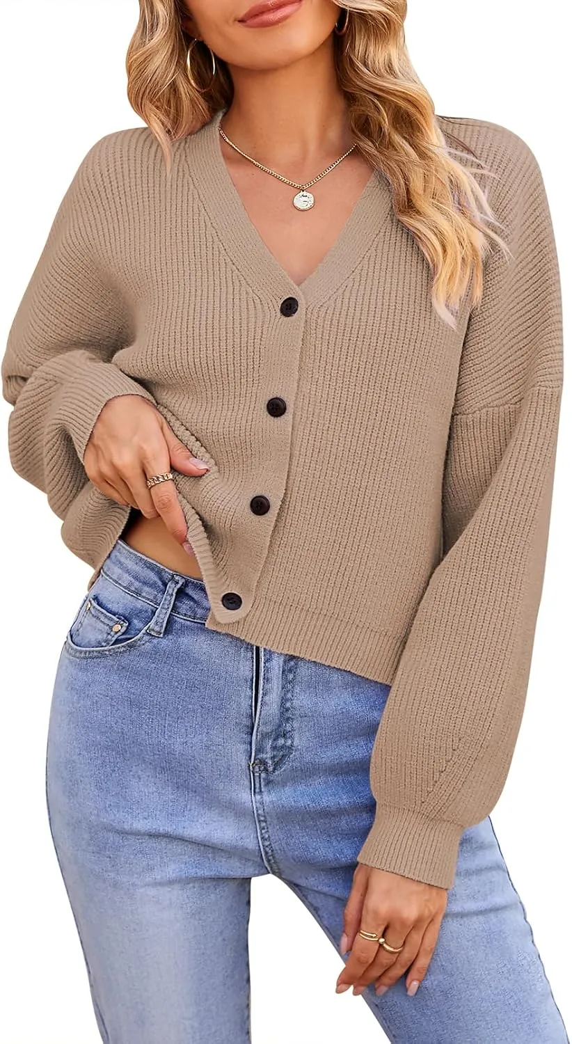 Pink Queen Women's 2025 Fall Button Down V Neck Batwing Long Sleeve Ribbed Knit Cropped Cardigan Sweater Top