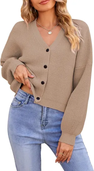 Pink Queen Women's 2025 Fall Button Down V Neck Batwing Long Sleeve Ribbed Knit Cropped Cardigan Sweater Top