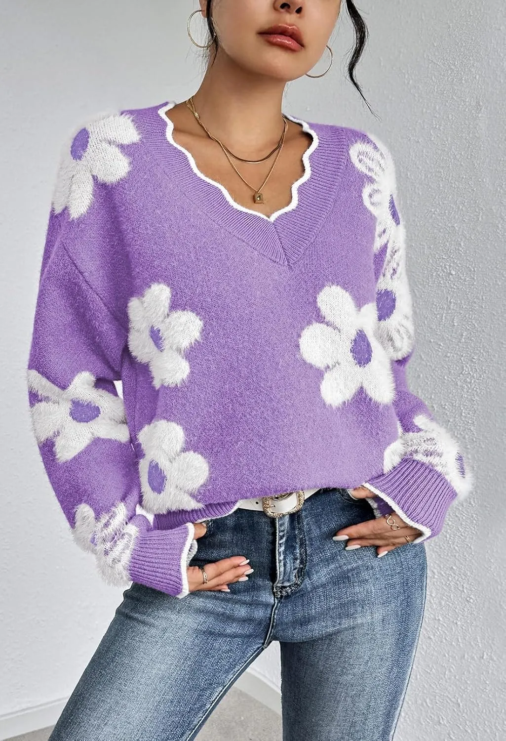 Pink Queen Women's Oversized V Neck Fuzzy Sweaters 2024 Casual Loose Long Sleeve Chunky Knit Pullover Jumper Tops