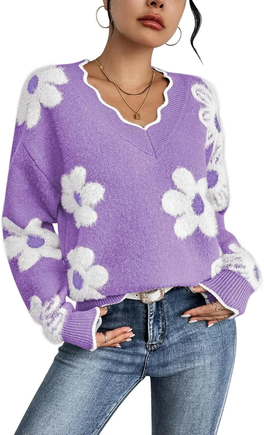 Pink Queen Women's Oversized V Neck Fuzzy Sweaters 2024 Casual Loose Long Sleeve Chunky Knit Pullover Jumper Tops