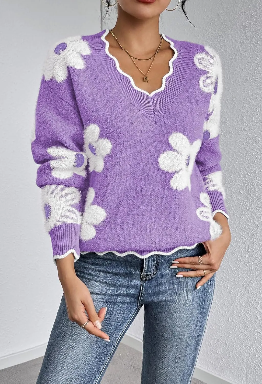 Pink Queen Women's Oversized V Neck Fuzzy Sweaters 2024 Casual Loose Long Sleeve Chunky Knit Pullover Jumper Tops