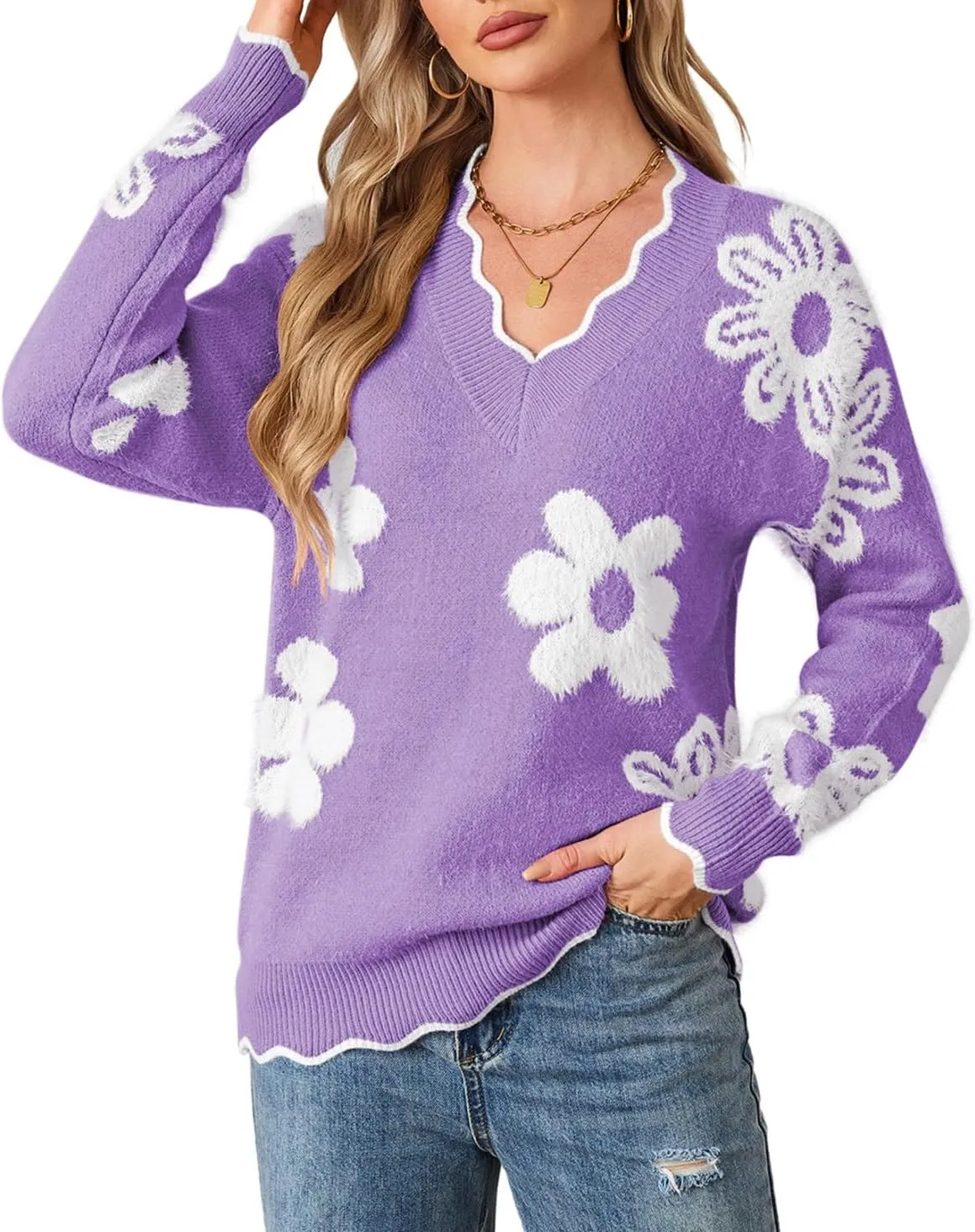 Pink Queen Women's Oversized V Neck Fuzzy Sweaters 2024 Casual Loose Long Sleeve Chunky Knit Pullover Jumper Tops