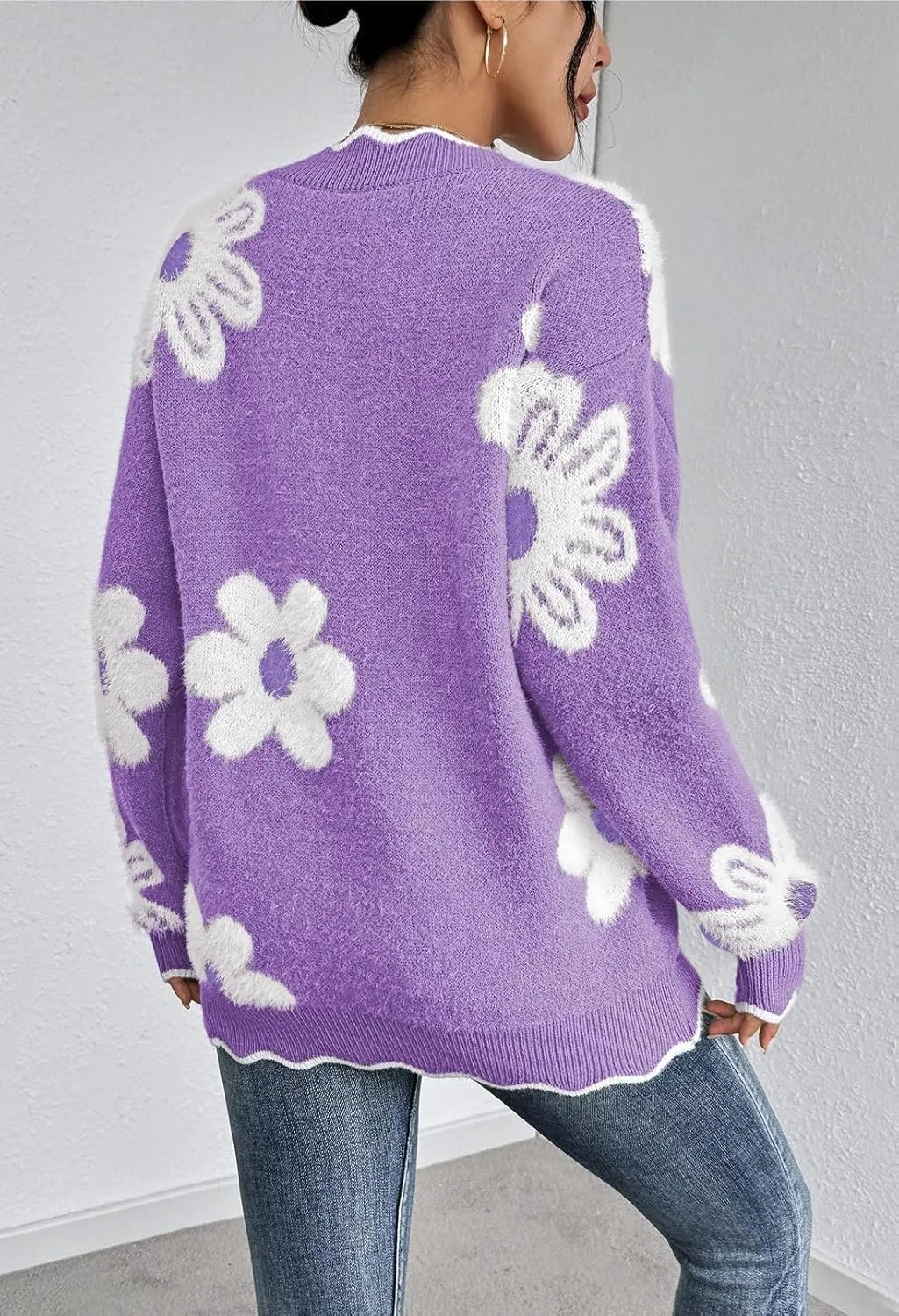 Pink Queen Women's Oversized V Neck Fuzzy Sweaters 2024 Casual Loose Long Sleeve Chunky Knit Pullover Jumper Tops