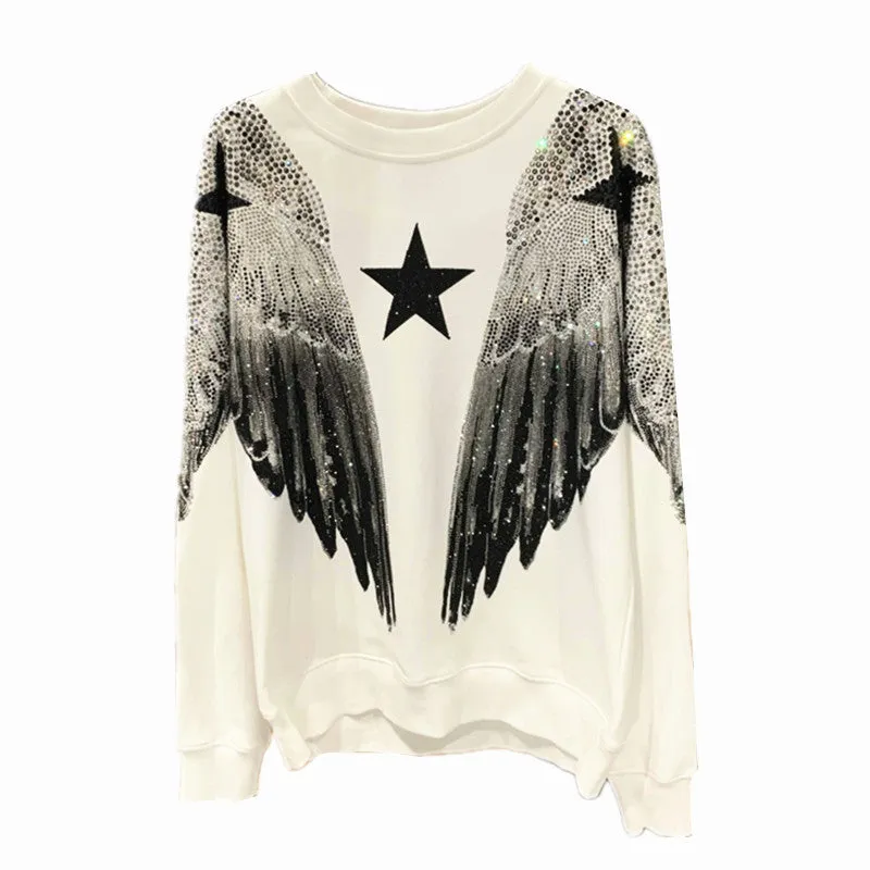 Pre Order:  Hot Stamping Diamond Large Wings Round Neck Sweatshirt