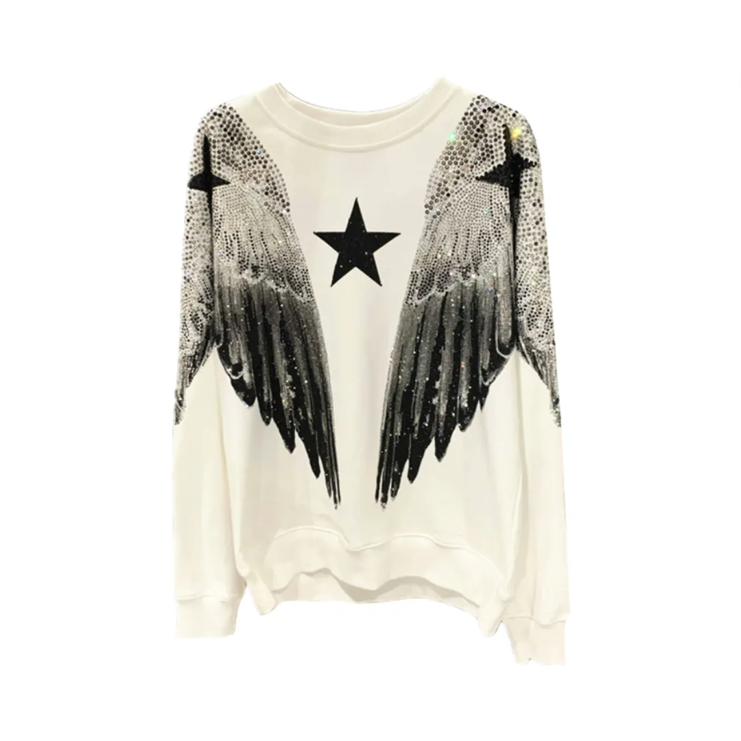Pre Order:  Hot Stamping Diamond Large Wings Round Neck Sweatshirt