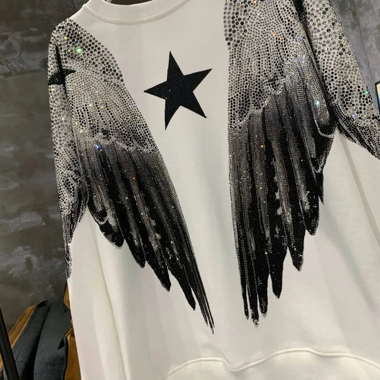 Pre Order:  Hot Stamping Diamond Large Wings Round Neck Sweatshirt