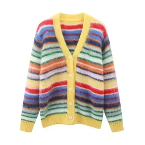 Pre Order:  Multicolor Striped Long Sleeves V-Neck Cardigan Sweater