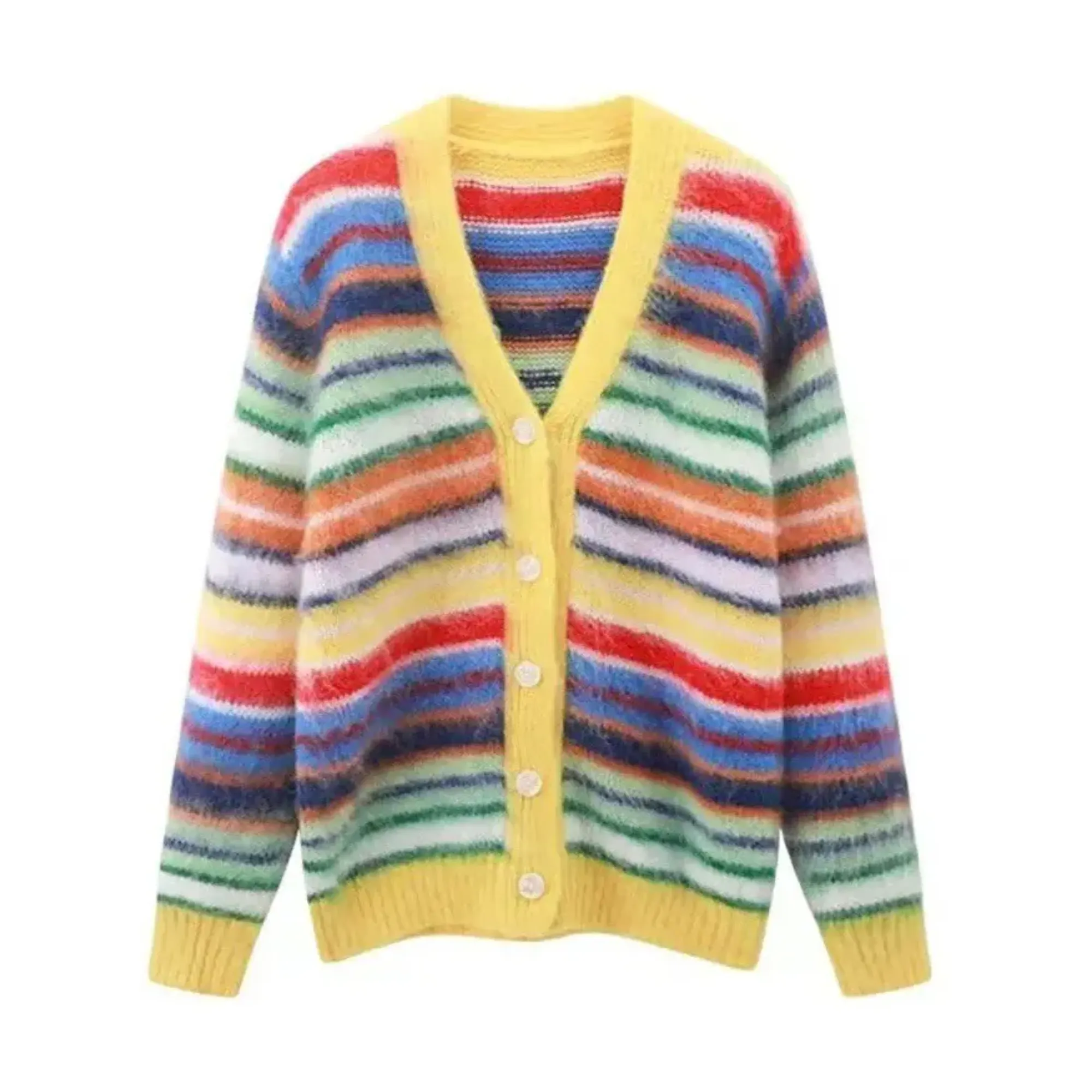 Pre Order:  Multicolor Striped Long Sleeves V-Neck Cardigan Sweater