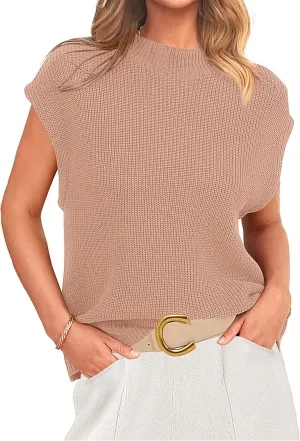 PRETTYGARDEN Womens Mock Neck Sleeveless Sweater Vest 2025 Summer Casual Fall Short Cap Sleeve Knit Ribbed Pullover Tank Tops
