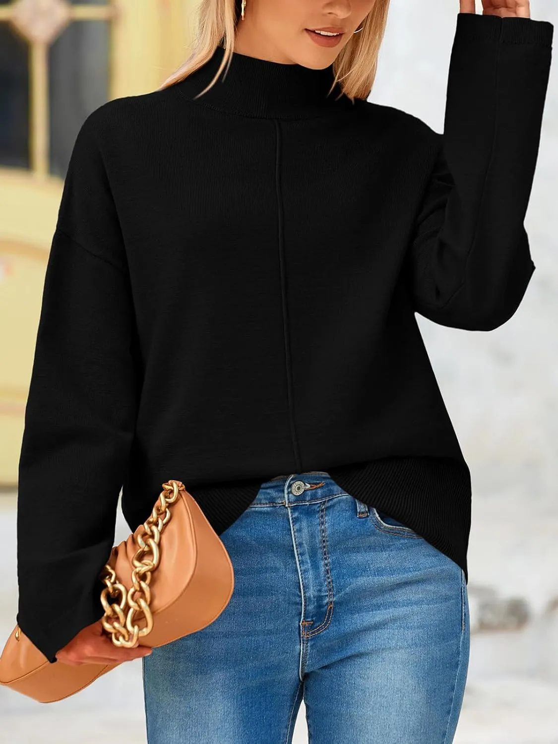 PRETTYGARDEN Womens Sweaters Fall 2025 Long Sleeve Ribbed Knit Pullover Loose Mock Neck Lightweight Casual Sweater Tops