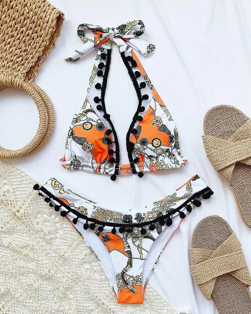 Print Strappy Bra With Panties Bikini Sets