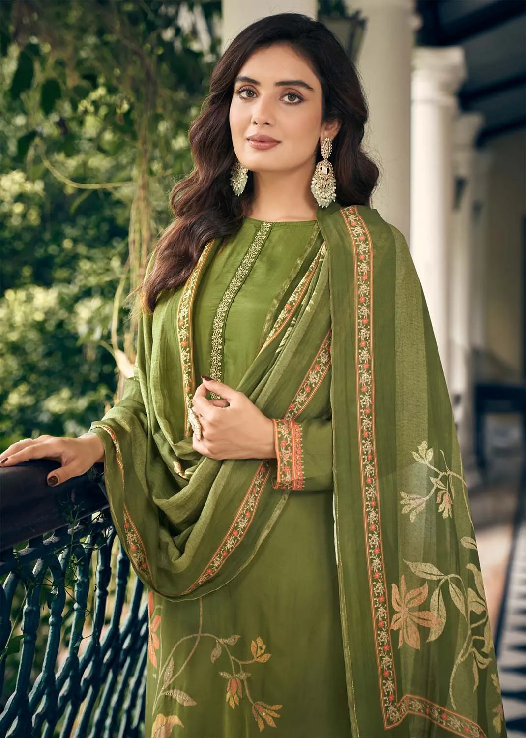 Pure Muslin Printed Party Wear Green Unstitched Women Suit Material