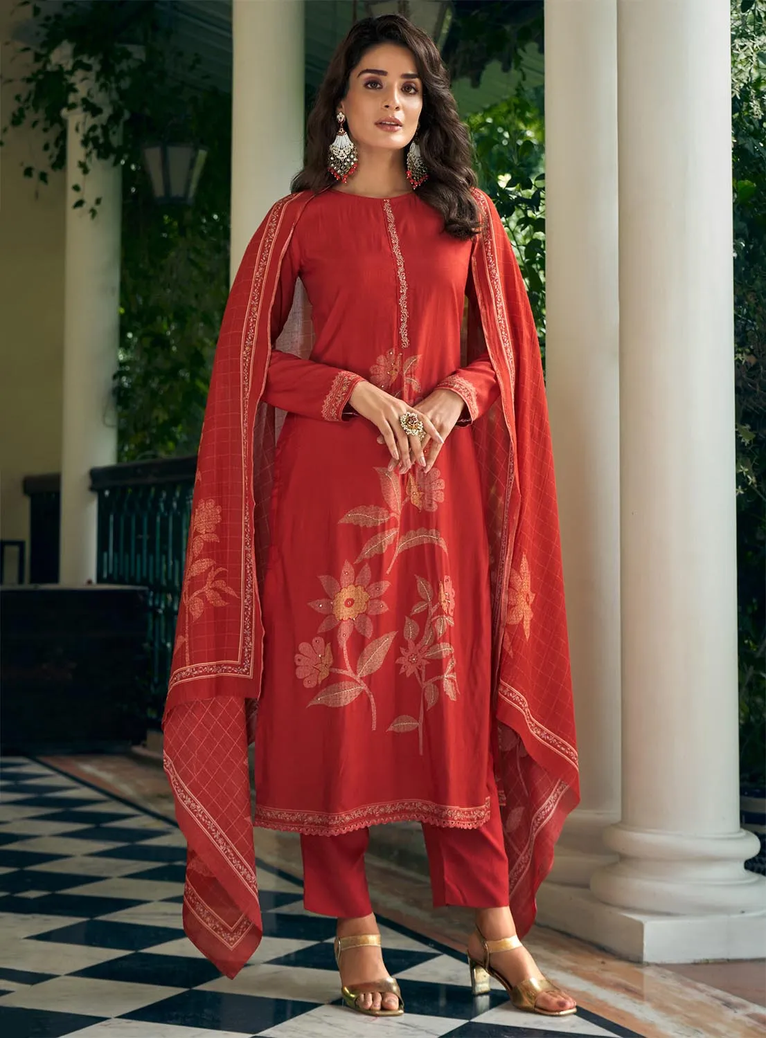 Pure Muslin Printed Party Wear Red Unstitched Women Suit Material