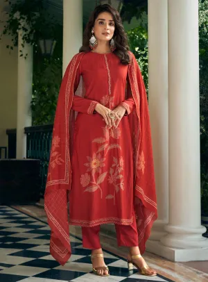 Pure Muslin Printed Party Wear Red Unstitched Women Suit Material
