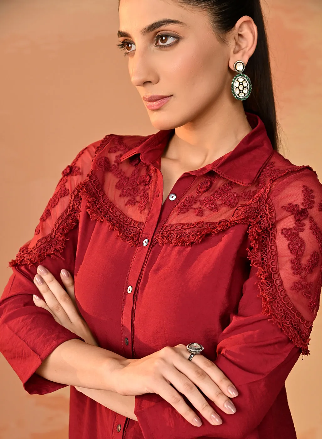 Samreen Maroon Embroidered Georgette Shirt for Women