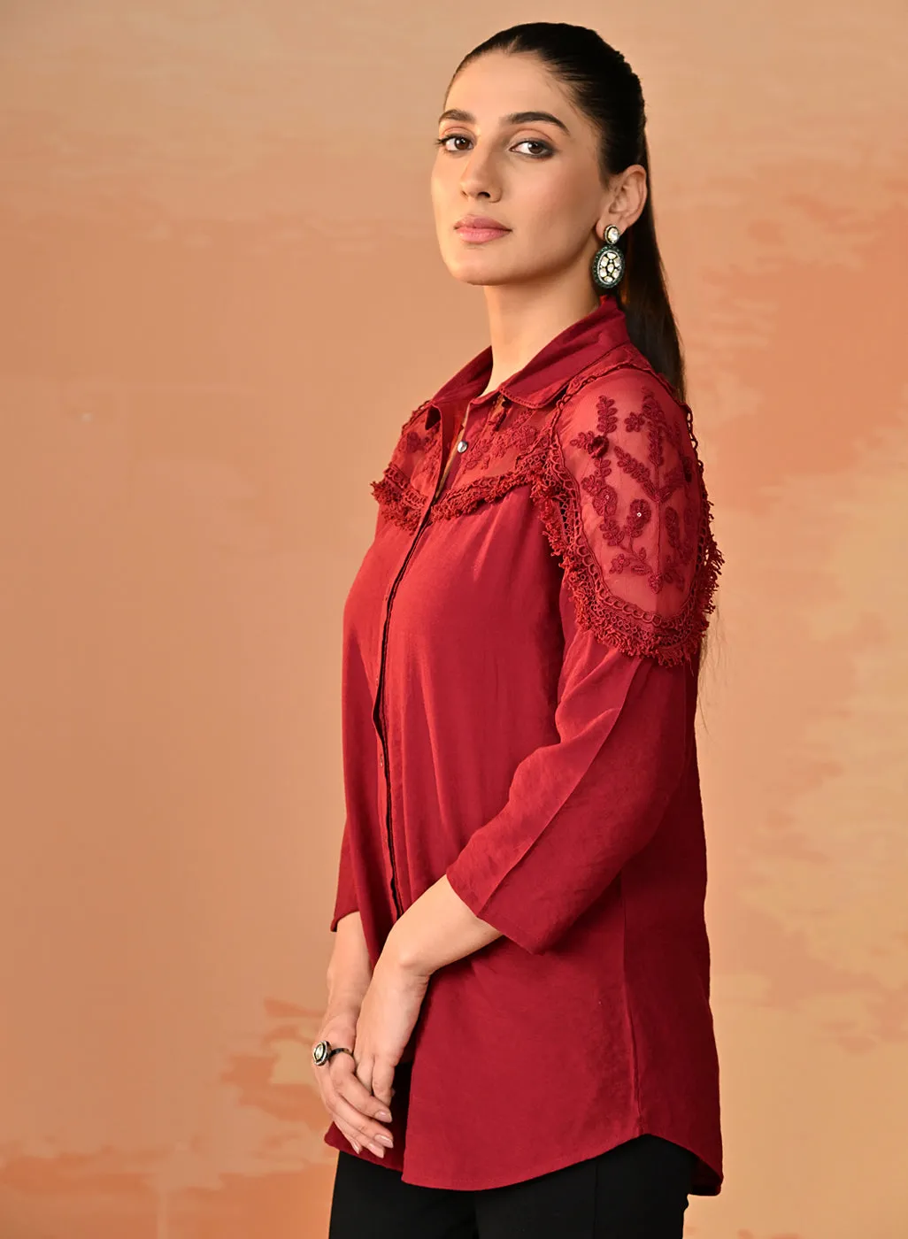 Samreen Maroon Embroidered Georgette Shirt for Women