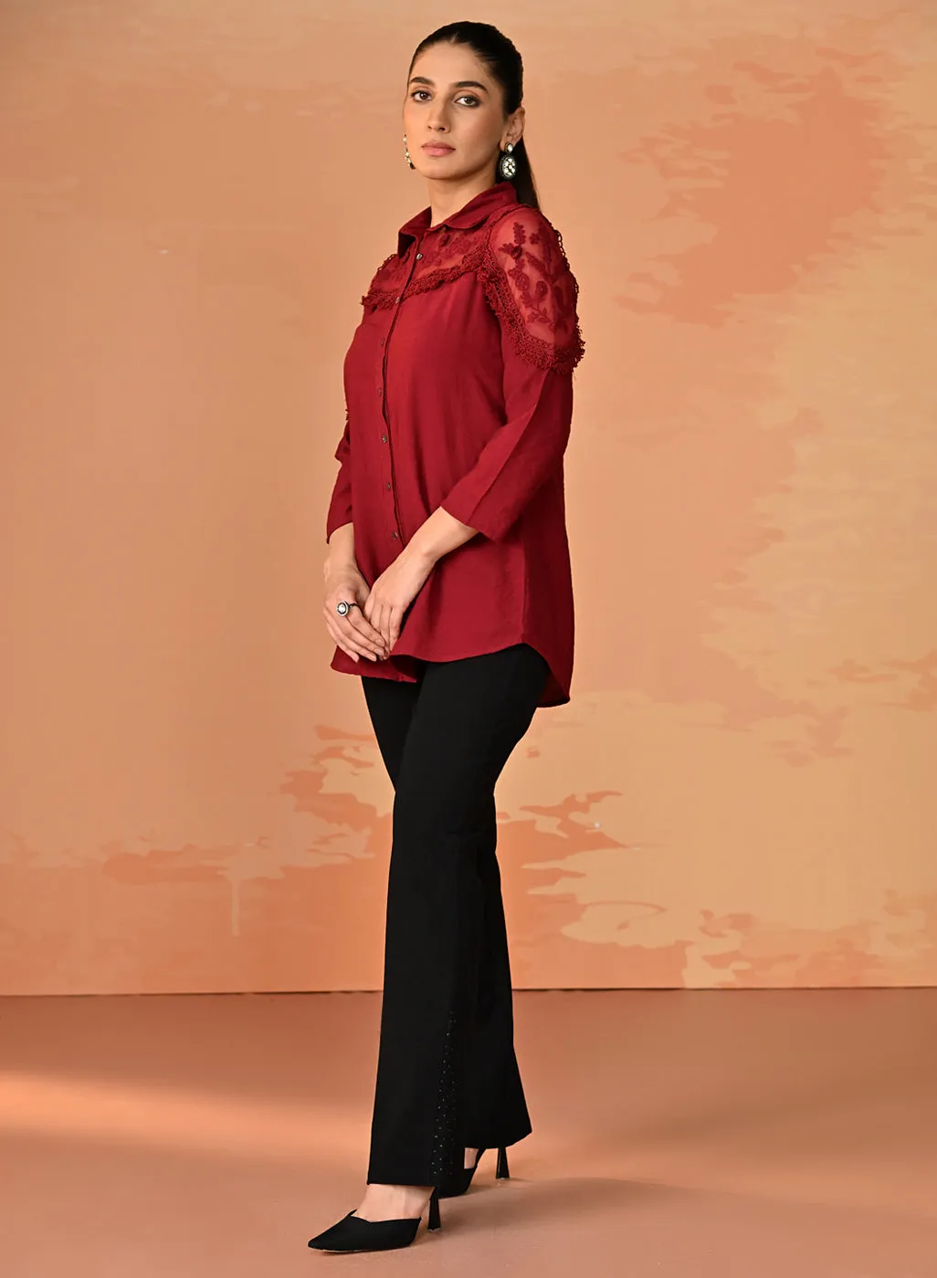 Samreen Maroon Embroidered Georgette Shirt for Women