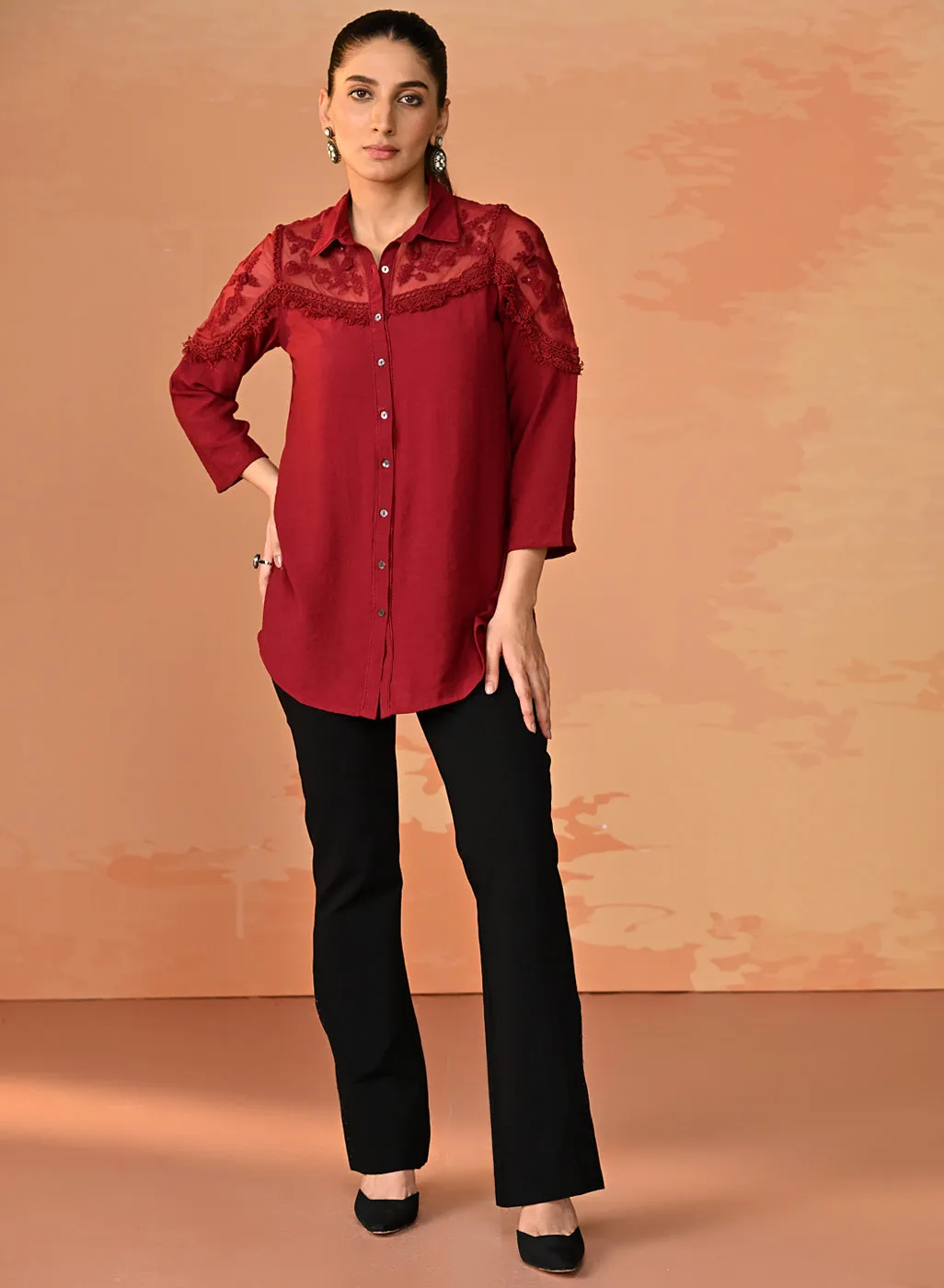 Samreen Maroon Embroidered Georgette Shirt for Women