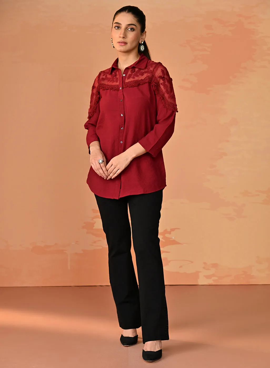Samreen Maroon Embroidered Georgette Shirt for Women